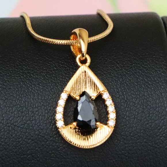 "Teardrop Black Pendant with Gold Finish and Sparkling Accents, XPPT1691 - Picture 1 of 13